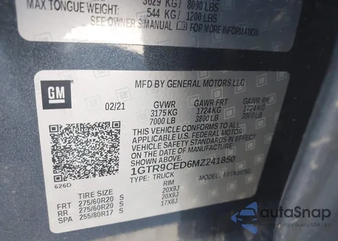 2021 GMC Sierra 1500 4Wd Double Cab Standard Box Elevation from USA, damaged, VIN 1GTR9CED6MZ241850